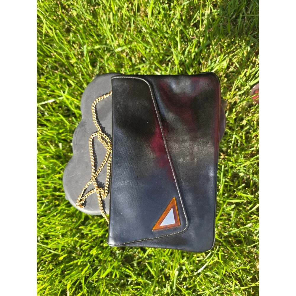 Vintage Black Leather Envelope Clutch Amber Triangle Gold Chain Crossbody Bag